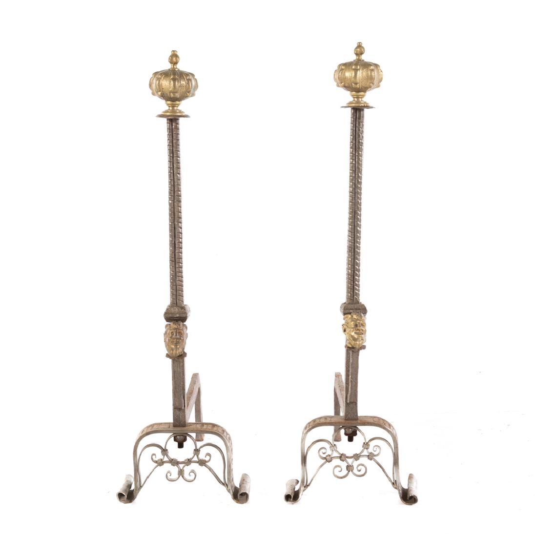 Pair Continental wrought iron and brass andirons (1 of 4)