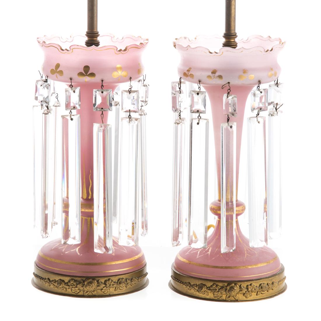 Pair Bristol pink opalescent glass lustre lamps (1 of 3)