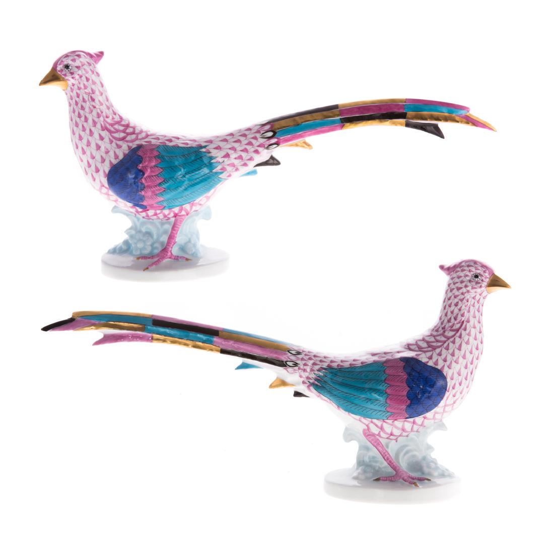 Pair of Herend porcelain gold pheasants: in the Puce Fishnet pattern, with gilt accents, 6 1/2H x 13L.