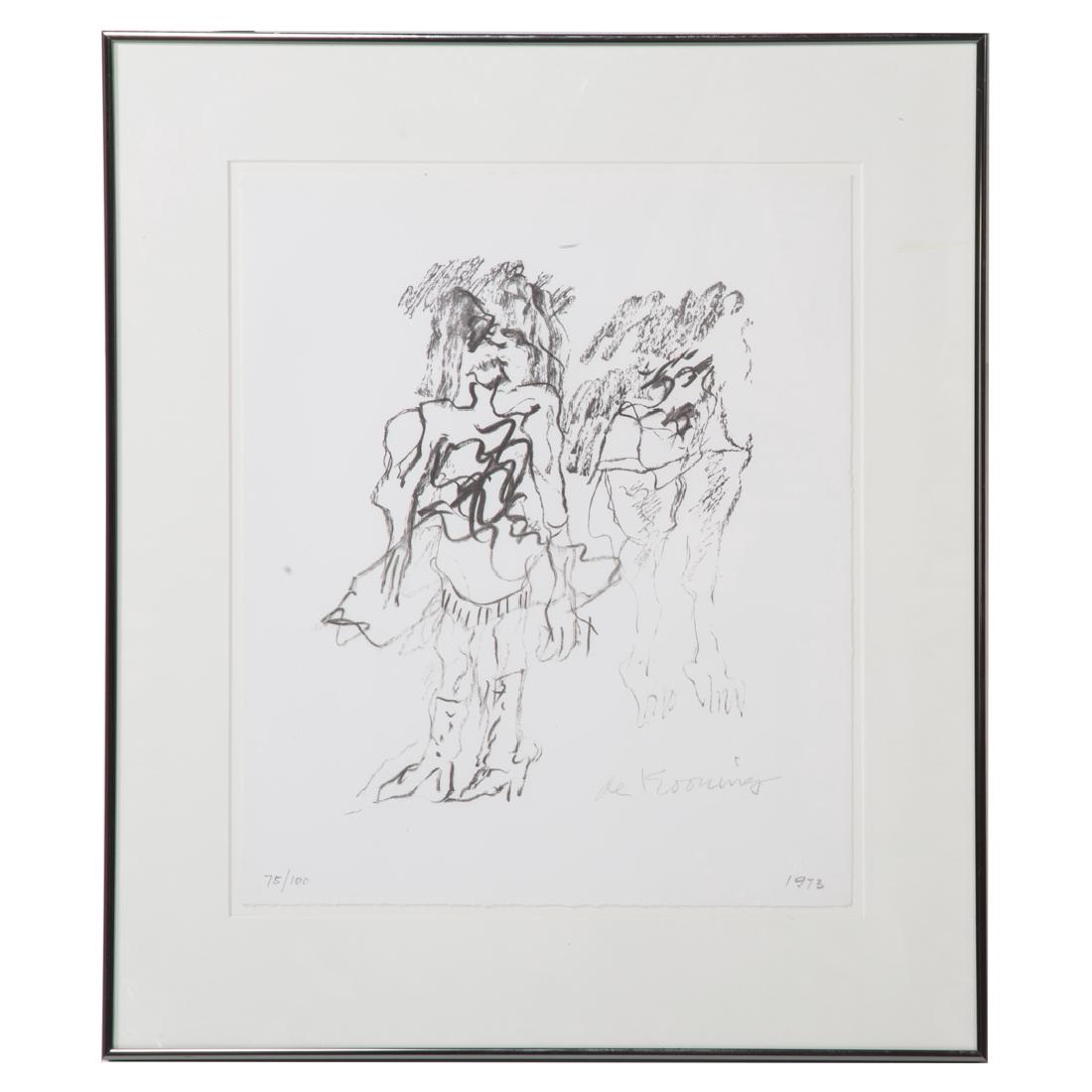 Willem de Kooning. "Two Women," lithograph: (Dutch, 1904-1997). Ed. 75/100, pencil signed and dated "de Kooning, 1973" lr, Styria Studio blindstamp lr, sheet size: 18 x 15 in., framed; Christie's sale 15074 lot 325 stickers and tags on wire