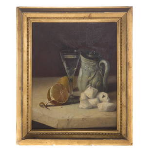 Andrew J.H. Way. Tabletop Still Life, oil on board: Andrew John Henry Way (American, 1826-1888). Initialed and dated "A.J.H.W. 1876" lr, 10 x 8 in., framed