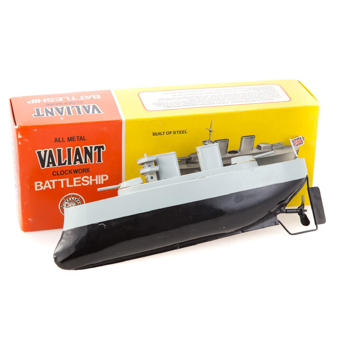Sutcliffe steel Battleship Valiant: circa 1981; clockwork motor, with twin revolving gun turrets, 12 in. L., with original box