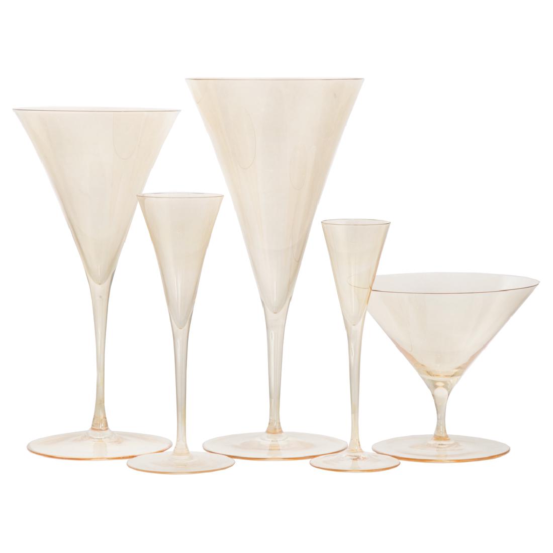 Lobmeyr Ambassador gold lustre glassware: designed by Oswald Haerdtl, 53 pieces, including: 11 champagne flutes, 11 wine stems, 11 sherbets, 10 cordials, and 10 sherry glasses