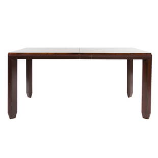 Cabinet-made Jeffrey Greene rosewood dining table: 20th century; signed Jeffrey Greene, inspired by Tim Karney, two 32 1/2 inch ends with chamfered edge, 2 in. apron with chip-carved edge, four straight canted chamfered legs with chip-carved edges, 30