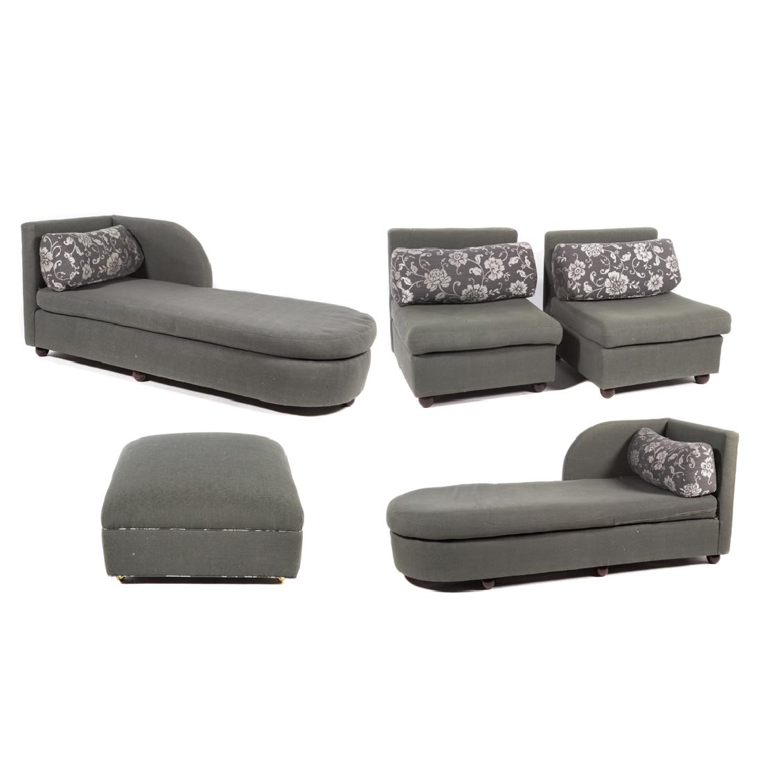 Thayer Coggin four piece upholstered sectional: mid-20th century; two chaises, two armless chairs, upholstered backs and arms, loose seat cushions, three support pillows, bun feet, with ottoman, grey fabric, 34 in. H., 136 in. W., 84 in. D.