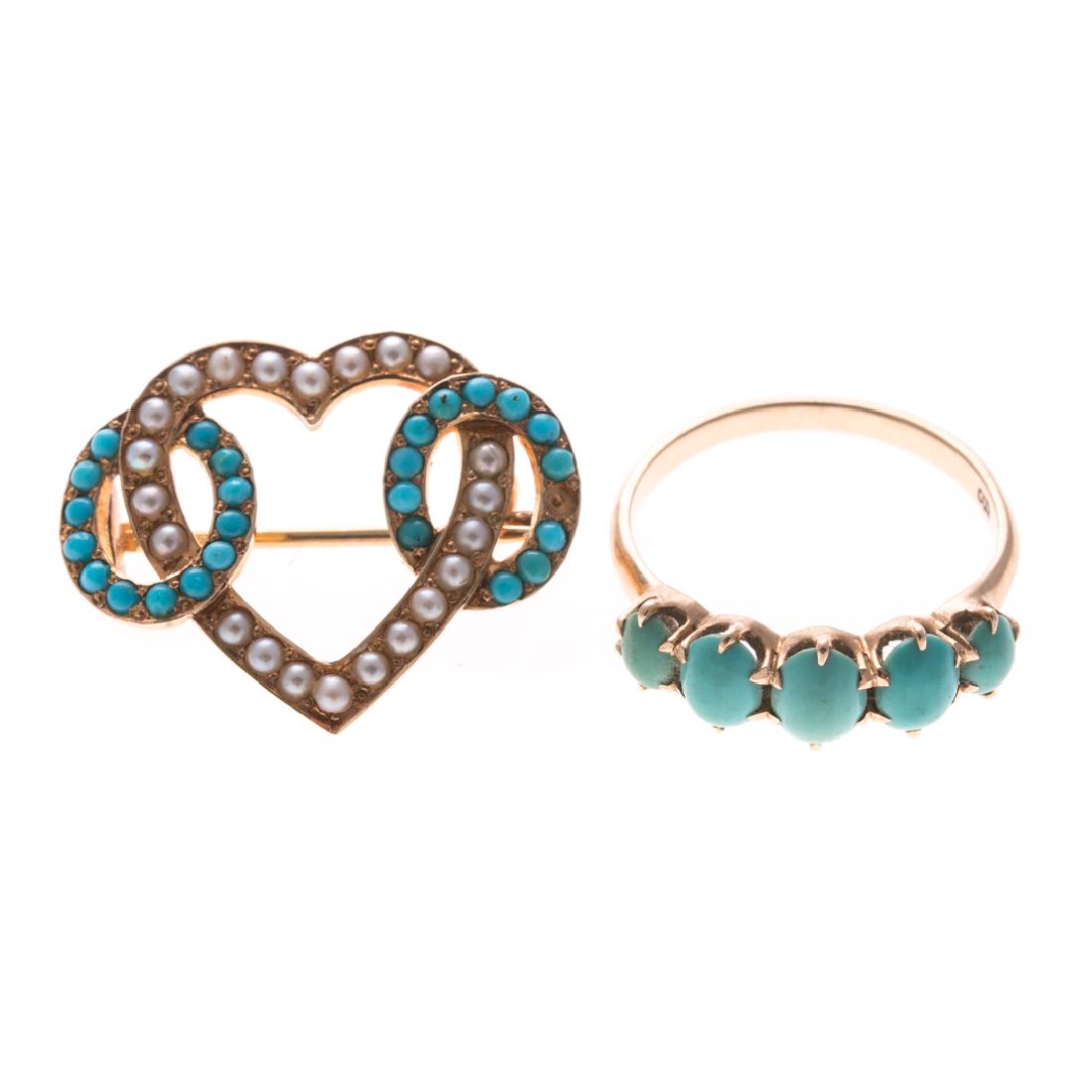 A Lady's Turquoise & Seed Pearl Pin & Ring in Gold (1 of 5)
