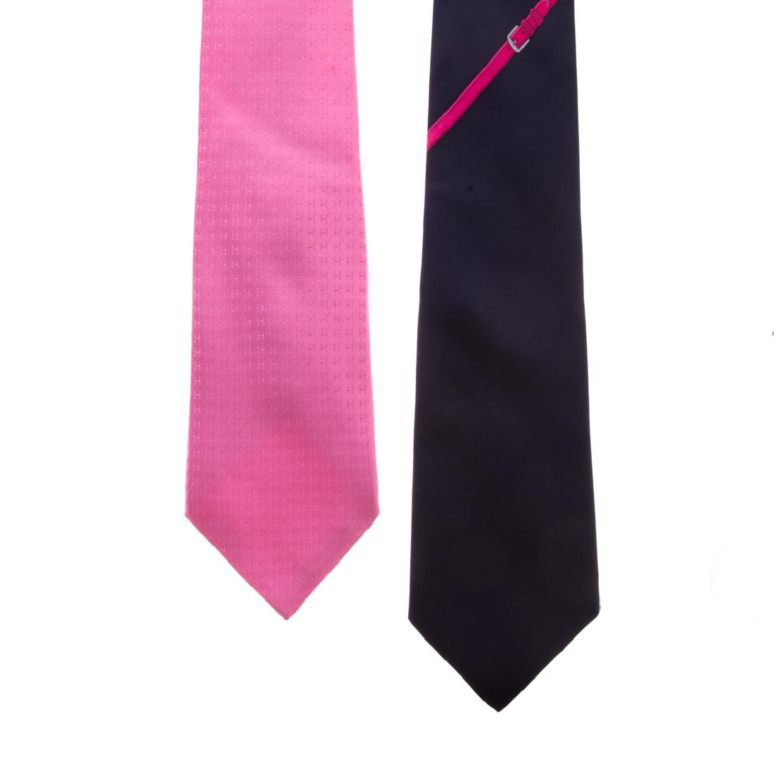 Hermès "Faconnee H" Tie & Strap & Buckle Print Tie: 1) Hermès hand-folded silk "Faconnee H" tie in pink. 2) Hermès hand-folded silk tie in navy/pink with strap and buckle print.