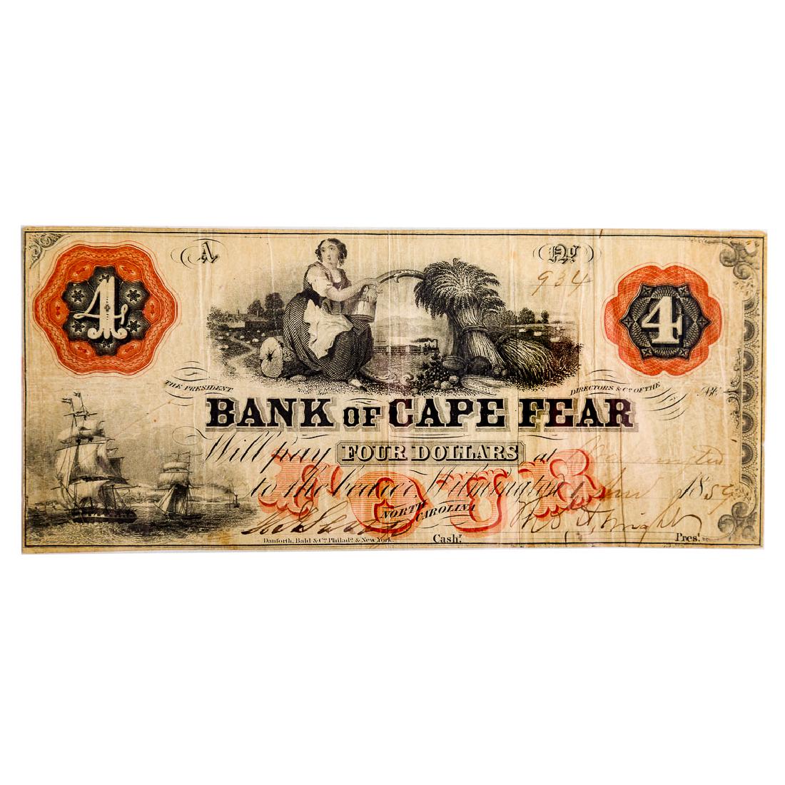 [US] $4 Bank of Cape Fear, 11/1/1859 Wilmington: $4 Bank of Cape Fear, Nov 1 1859 , Wilmington,NC payable at the Washington branch Fine, no pinholes just folds.Cape Fear notes are always both colorful and scarce.