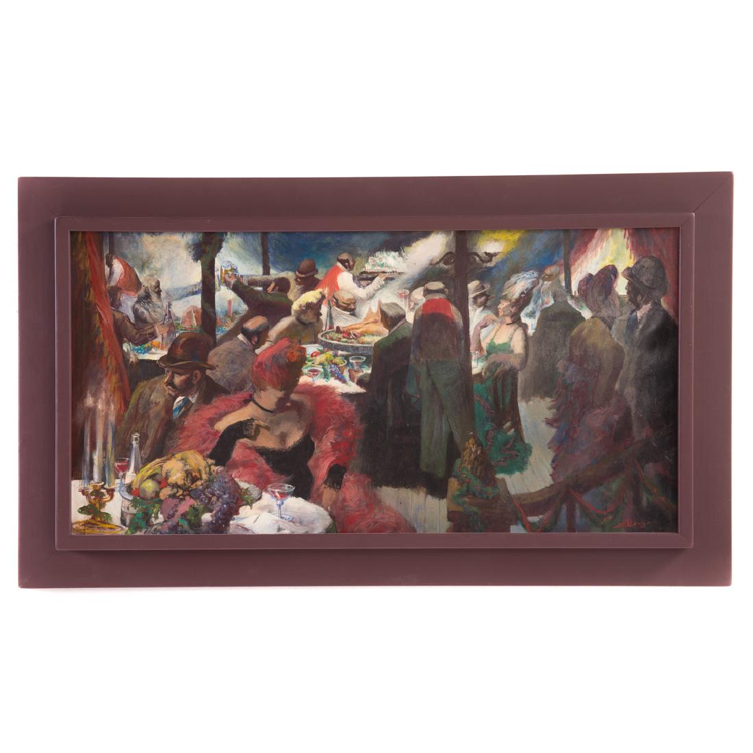 Gustav Rehberger. "Christmas Belles..." oil: (Austrian/American, 1910-1995). "Christmas Belles of the Old West", illustration for December 1950 Esquire magazine, oil on artist board, signed "Rehberger" lr, 14 1/4 x 27 3/4 in., framed; Esquire la