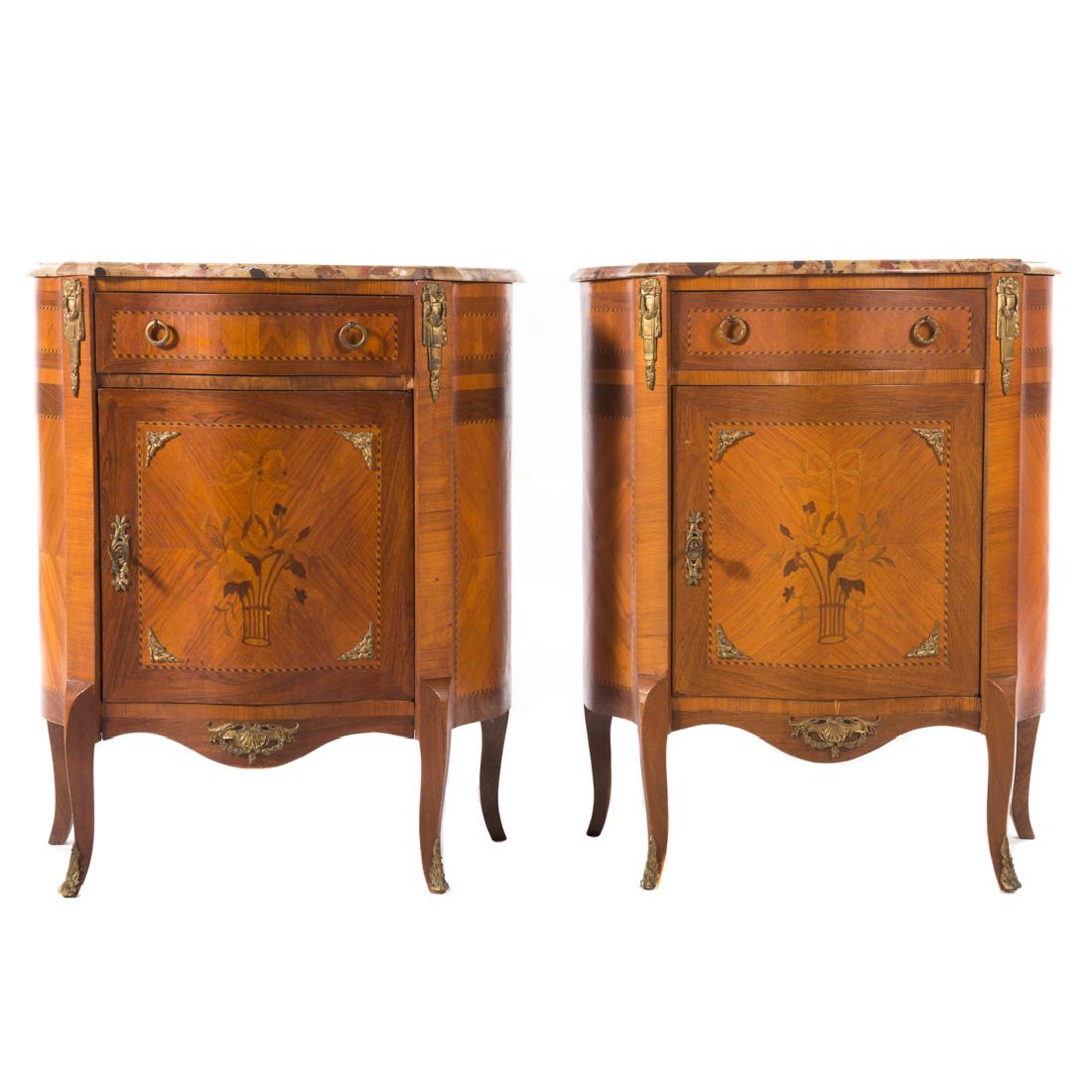 Pair Louis XV style inlaid marble top commodes, (1 of 7)
