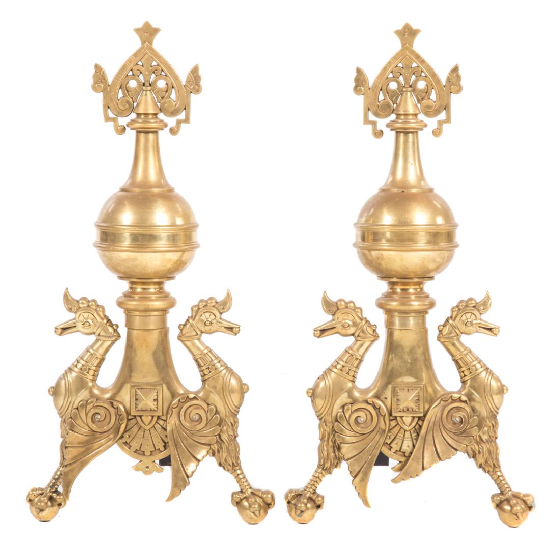 Pair Gothic style brass andirons (1 of 4)