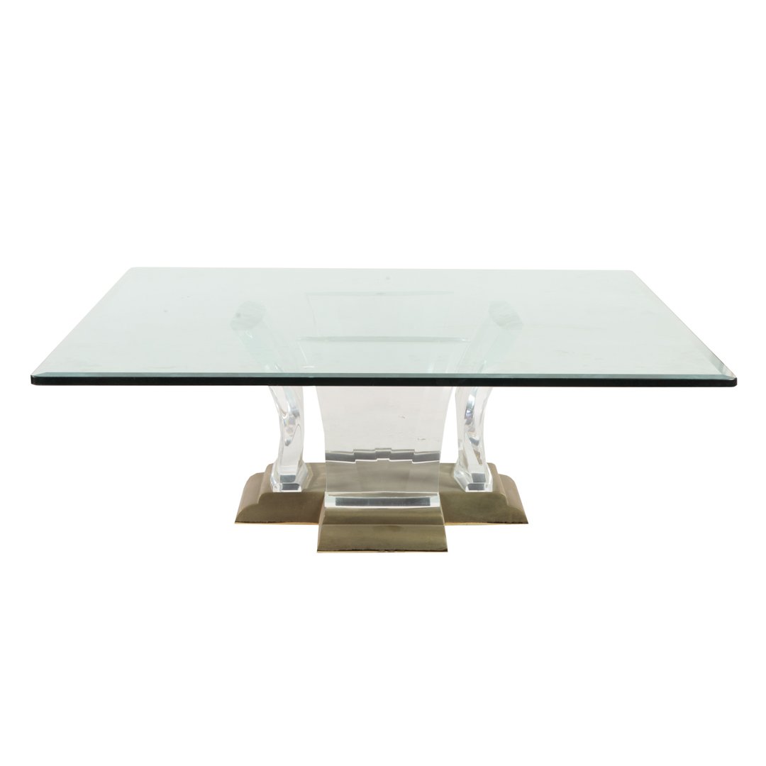 Contemporary lucite & brass glass top coffee table (1 of 3)
