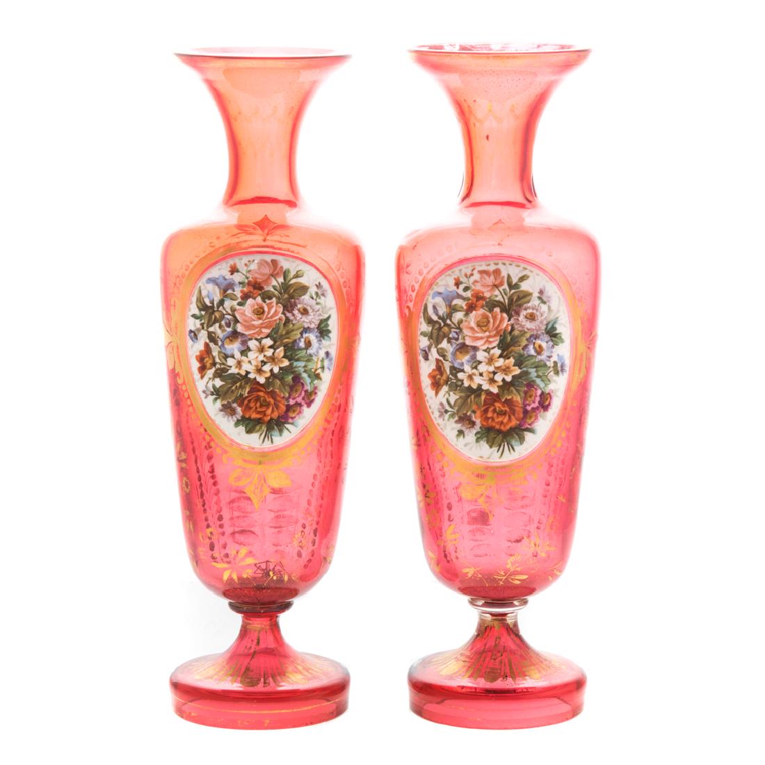 Pair Victorian ruby and enamel glass vases (1 of 4)