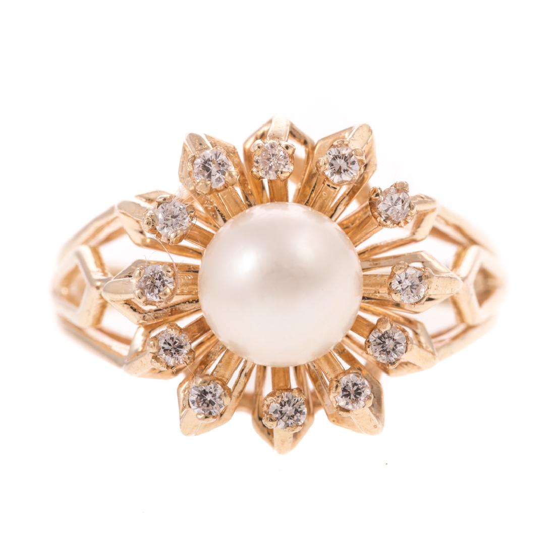 A Lady's 14K Pearl and Diamond Cocktail Ring (1 of 4)