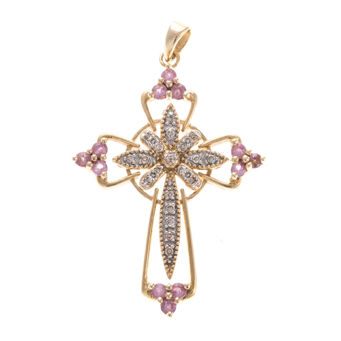 A Lady's Pink Sapphire & Diamond Cross Pendant: 14K yellow gold cross pendant featuring 12 round pink sapphires set at the ends of the cross with full cut diamonds set throughout interior of cross, 1.25 in. L, 2.8 grams tw