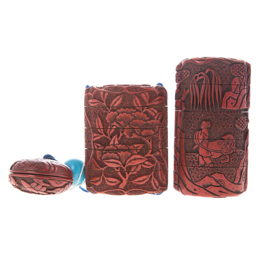 Two Japanese cinnabar lacquer inro (1 of 5)