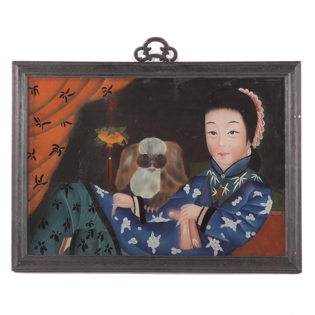 Chinese reverse painting on glass: reclining courtesan with Pekingese dog, 14 x 19 in., framed