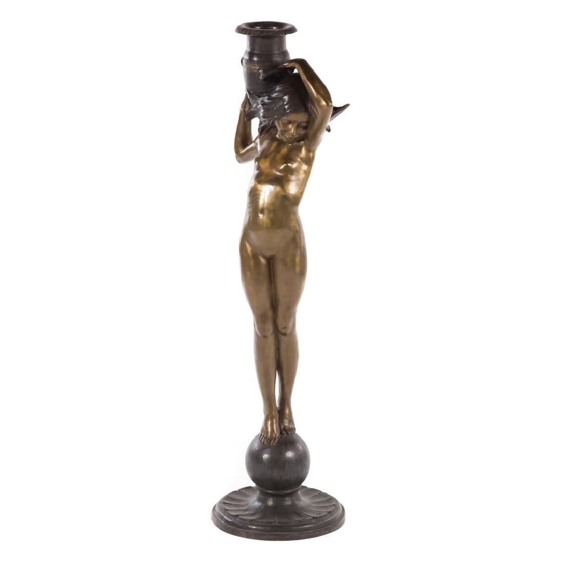 After Edward McCartan. Female Nude, bronze: polished and polychrome figure of female nude holding an amphora, 59 in. H.