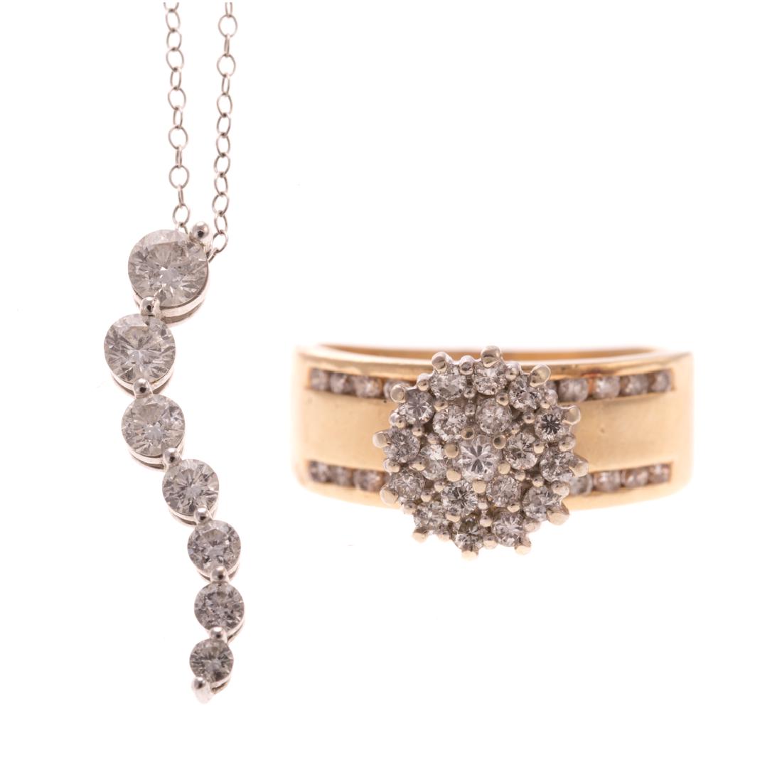 A Lady's Diamond Pendant and Cluster Ring in Gold (1 of 6)
