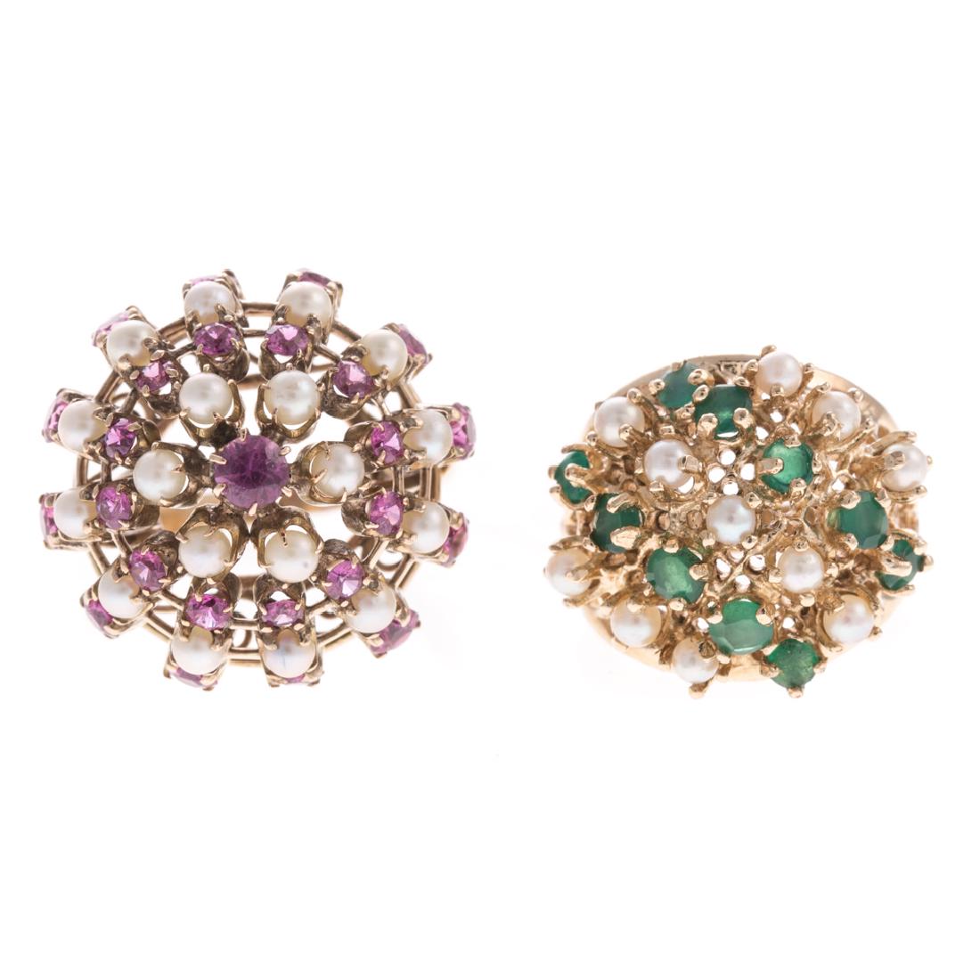 A Pair of Lady's Pearl & Gemstone Cluster Rings (1 of 5)
