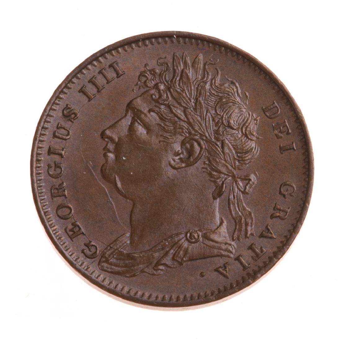 [World] 1825 George IV Farthing - Unc: 1825 George IV Farthing - Unc. Nice strike and luster with both die-breaks and clash marks on Obverse; Woolley Collection