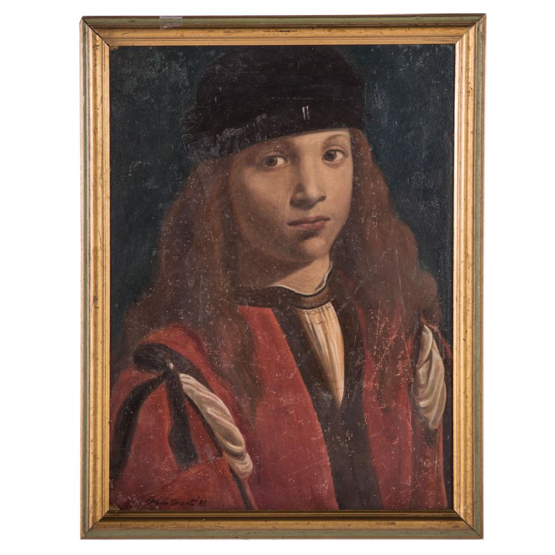 After G.A. Boltraffio. Portrait of a Youth, oil: Stere Grant (Romanian/American, 20th/21st century), after Giovanni Antonio Boltraffio (Italian, 1467-1516). Oil on board, signed and dated "Stere Grant '86" ll, signed and dated on verso, 16 x 11 1/2