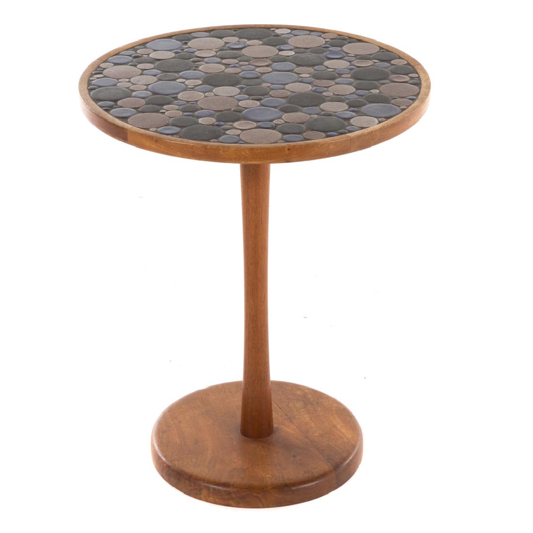 Mid-century Gordon Martz & Jane Marshall Martz: table for Marshall Studios, late 1950s, Gordon (American, 1924-2015) and Jane (American, 1929-2007), circular teak top with inset polychrome tile, 20 in. H., 16 1/4 in. Diam.