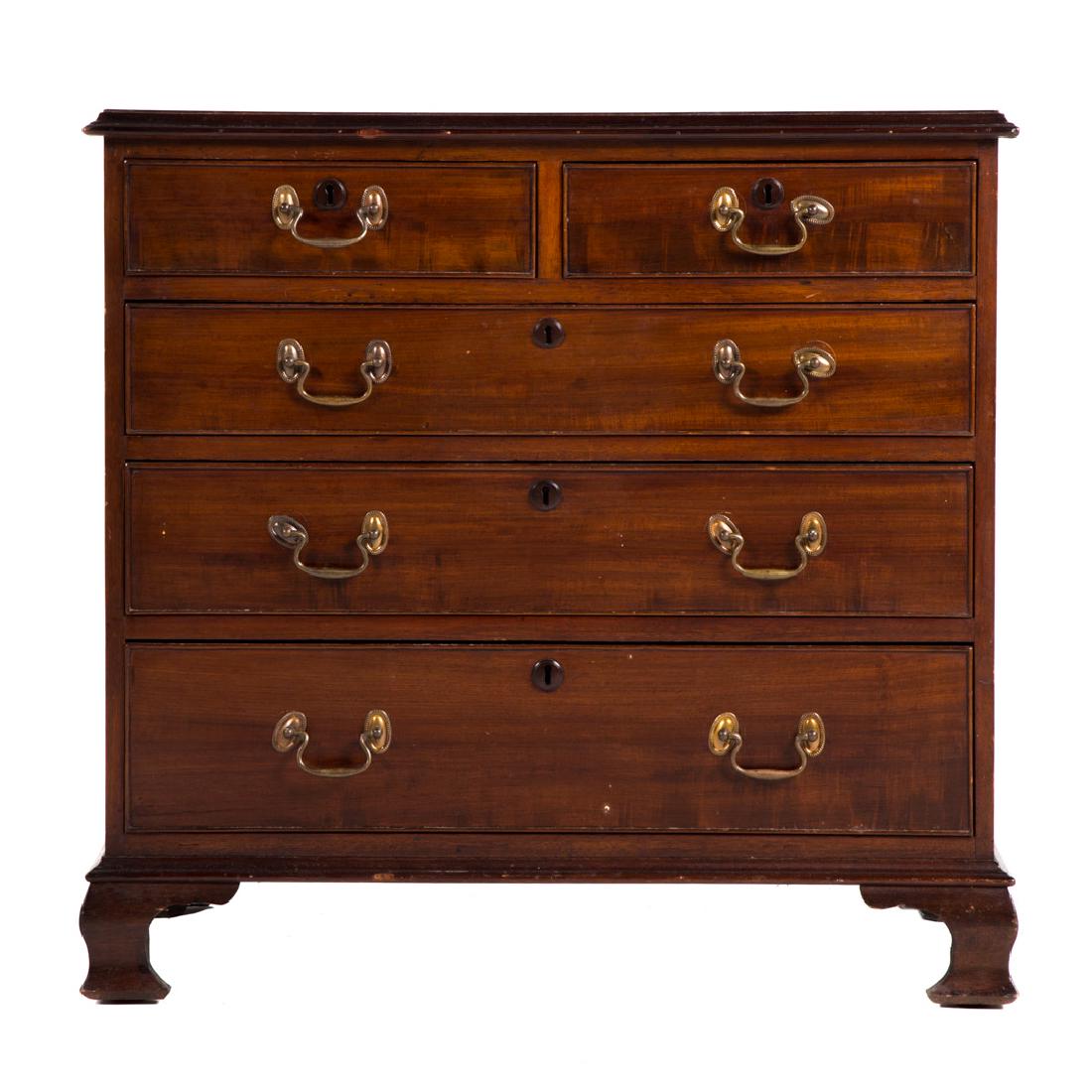 George III style mahogany bachelor's chest: 19th century; flat top with applied molded edge, two short and three long cock-beaded drawers, ogee bracket feet (replaced), rosette and bail brasses (replaced), 31 in. H., 32 in. W., 16 1/2 in. D.