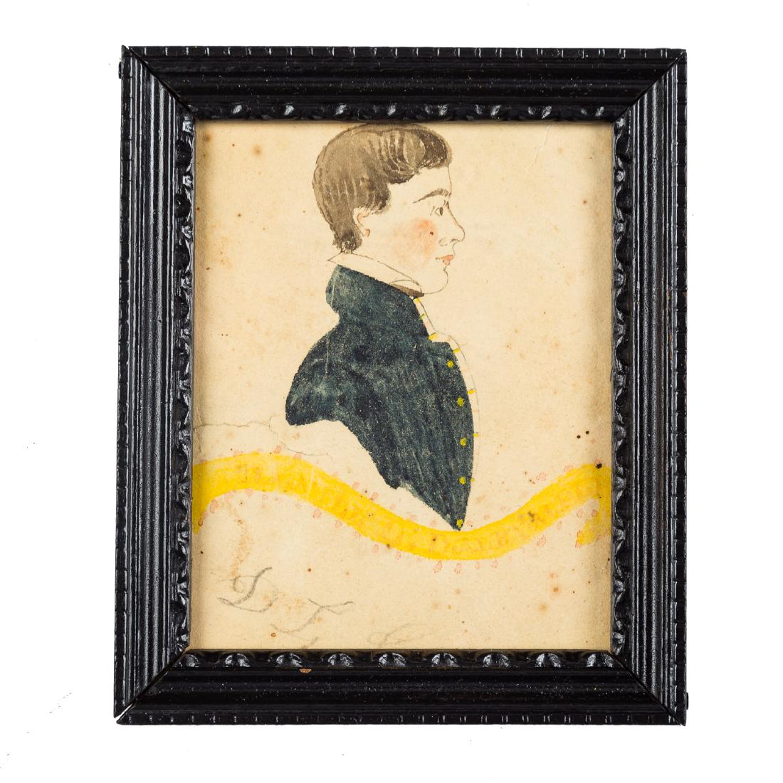 American School 19th century portrait miniature: profile portrait of Daniel L. Dalrymple, watercolor on paper, possibly artist as well as sitter, 3 1/2 x 2 3/4 in., in modern frame
