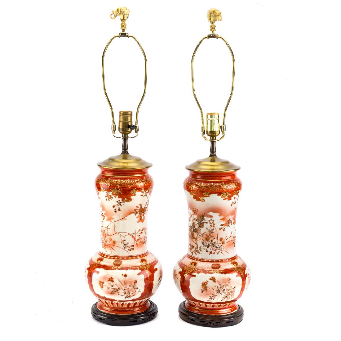 Pair Japanese Kutani earthenware vase lamps (1 of 6)