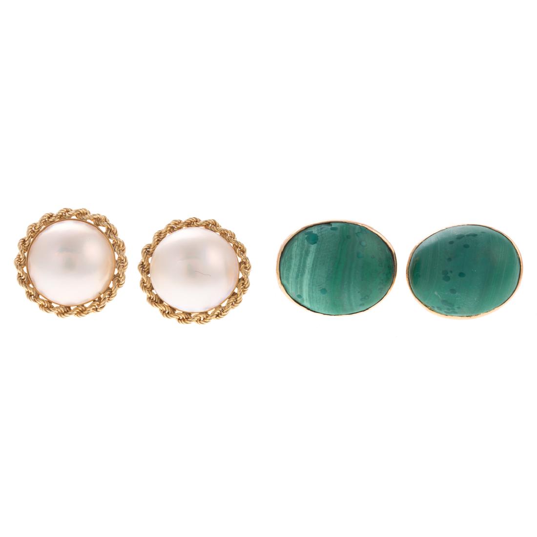 Two Pair of Earrings with Pearl & Malachite in 14K (1 of 6)