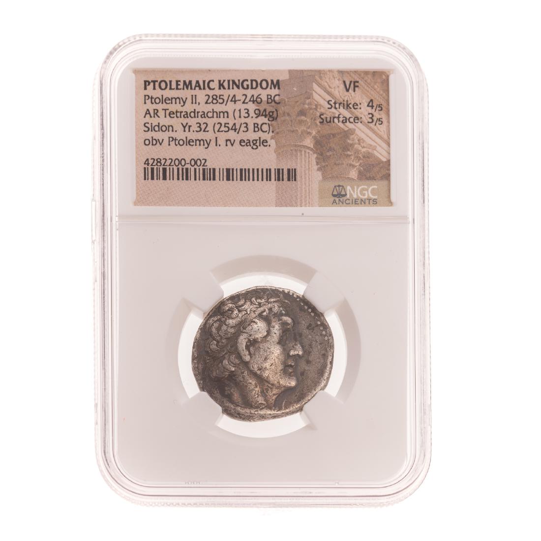 [Ancient] Ptolemy II AR Tetradrachm NGC VF: Ptolemy II Philadelphus 285/4-246 BC, AR Tetradrachm NGC VF Sidon Yr32 (254/3 BC) Obverse: Ptolemy I, Reverse: eagle .He was the son of Ptolemy I, founder of the Ptolemaic Kingdom of Egypt.