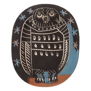 Pablo Picasso, "Mat Owl," ceramic: (Spanish, 1881-1973). 1955, partially glazed terre de faïence platter, 15 3/8 x 12 1/2 in., oval, edition of 450, inscribed "Edition Picasso Madoura" with the Madoura Plein Feu and Edition PIcasso st