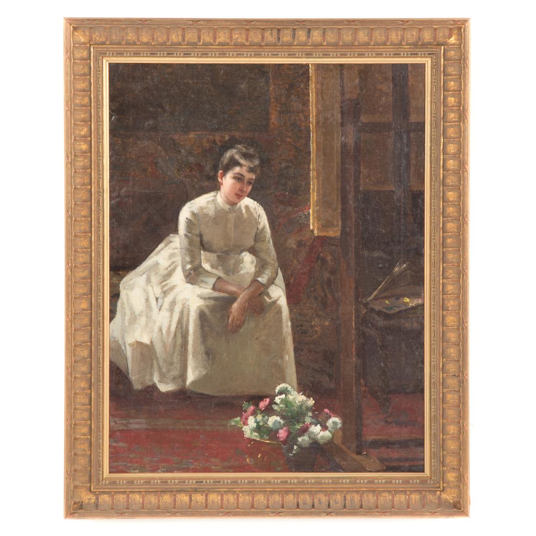 American School, 19th c. Woman in Interior, oil (1 of 3)