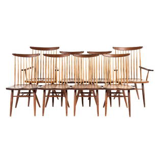 Set of Eight George Nakashima New Dining Chairs: George Nakashima (1905-1990). 1959; walnut, hickory spindles; side chairs - 35 3/4 in. H., 18 5/8 in. W, 16 1/4 in. seat D.; arm chairs - 38 1/2 in. H., 25 3/16 in. W., 16 1/4 in. seat D.; Acquired di