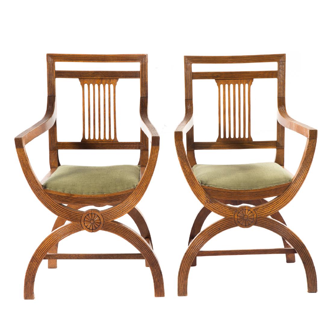 Pair Victorian oak curule arm chairs (1 of 6)
