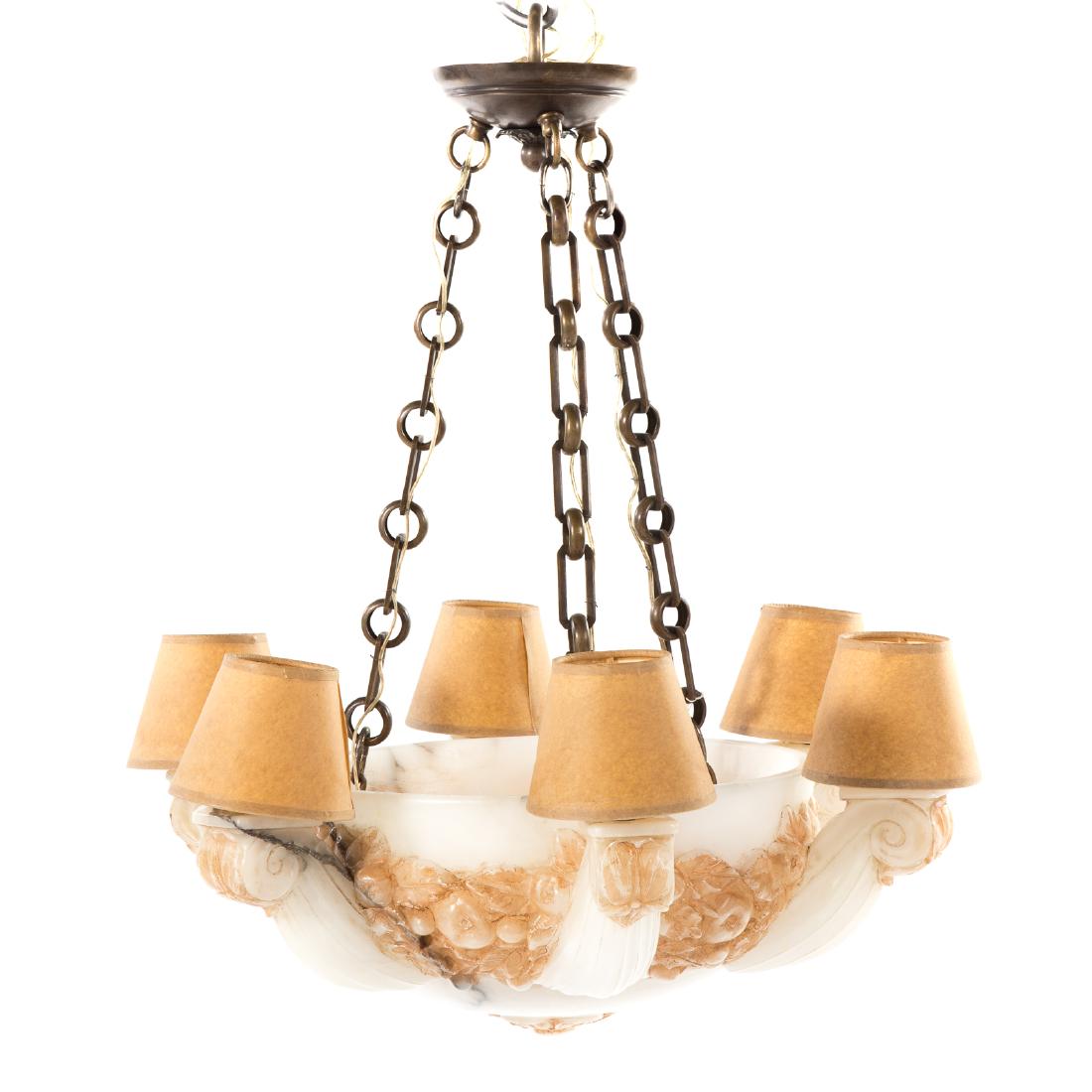 Art Deco carved alabaster six light chandelier: early 29th c.; carved alabaster bowl with six scroll arms and carved floral relief, bowl retro fitted with six interior lights and metal link chain, approximately-25 in. L., 24 in. Diam.