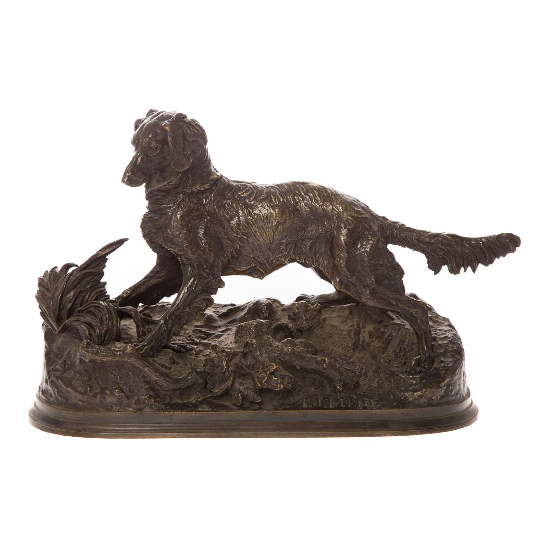 Pierre Jules Mene. Retriever bronze: (French, 1810-1879). Sporting dog on rocky base, with plant, signed "P.J. Mene," 8 1/2 in. H., 12 1/4 in. L.