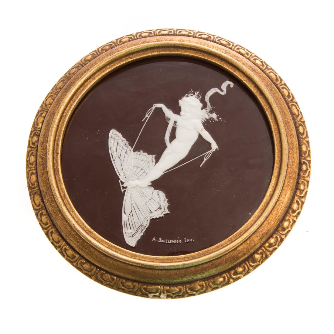 Antonin Boullemier. Minton pate-sur-pate plaque: (French, 1840-1900). Chocolate brown circular plaque with fairy riding butterfly, signed "A. Boullemier. Inv.," 6 in. Diam., in giltwood frame