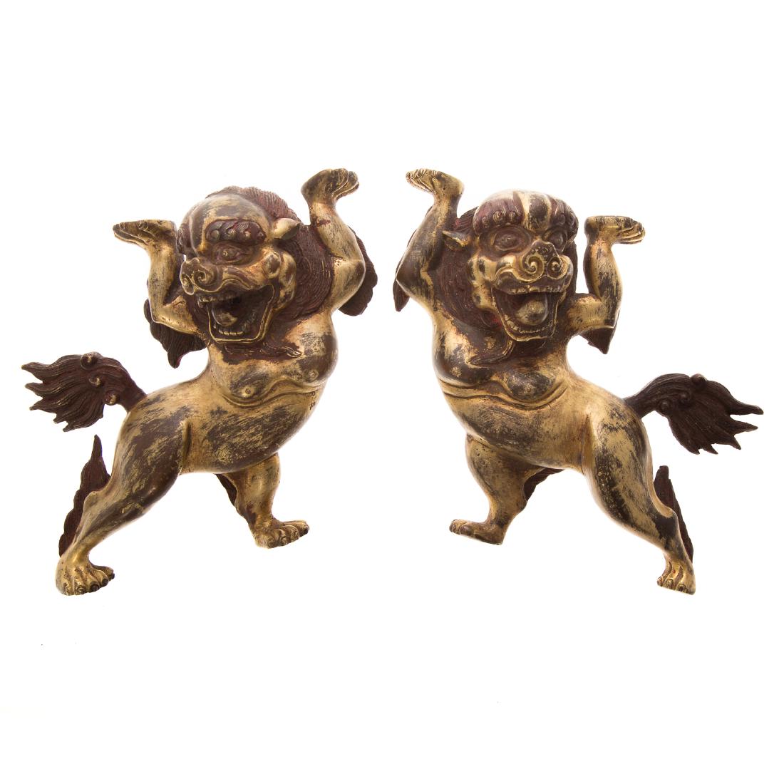 Pair of Chinese gilt bronze foo dog wall guardians (1 of 5)
