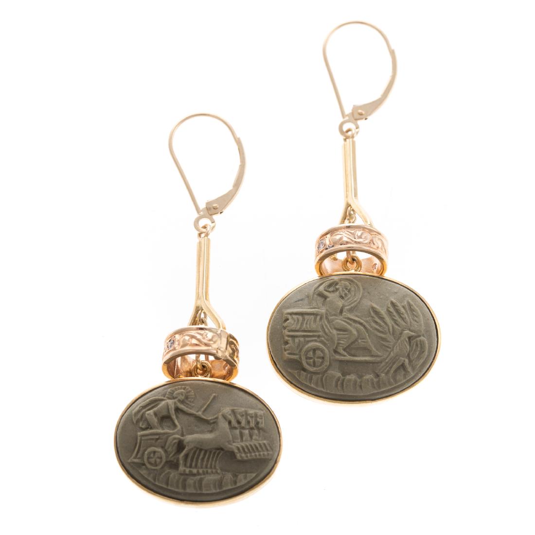 A Pair of 18K Lava Cameo & Diamond Earrings (1 of 5)