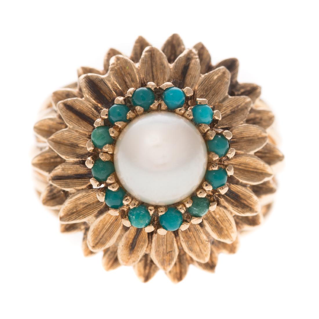 A Lady's Turquoise and Pearl Ring in 14K Gold (1 of 5)