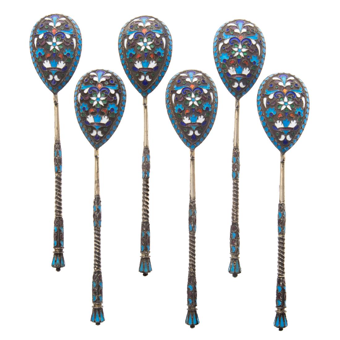 Set 6 Russian cloisonne enamel gilt silver spoons (1 of 4)