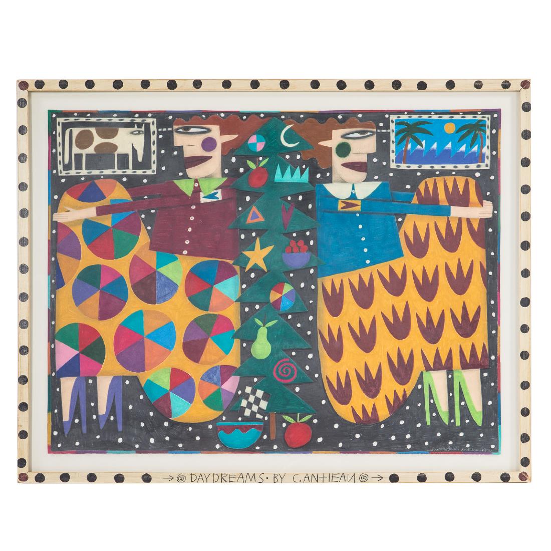 Chris Roberts-Antieau. "Daydreams," mixed media: (American, b. 1951). Mixed media on paper, pencil signed and dated "Chris Roberts Antieau, 1993" lr, titled and signed on artist painted frame, sheet size: 25 x 32 3/4 in.