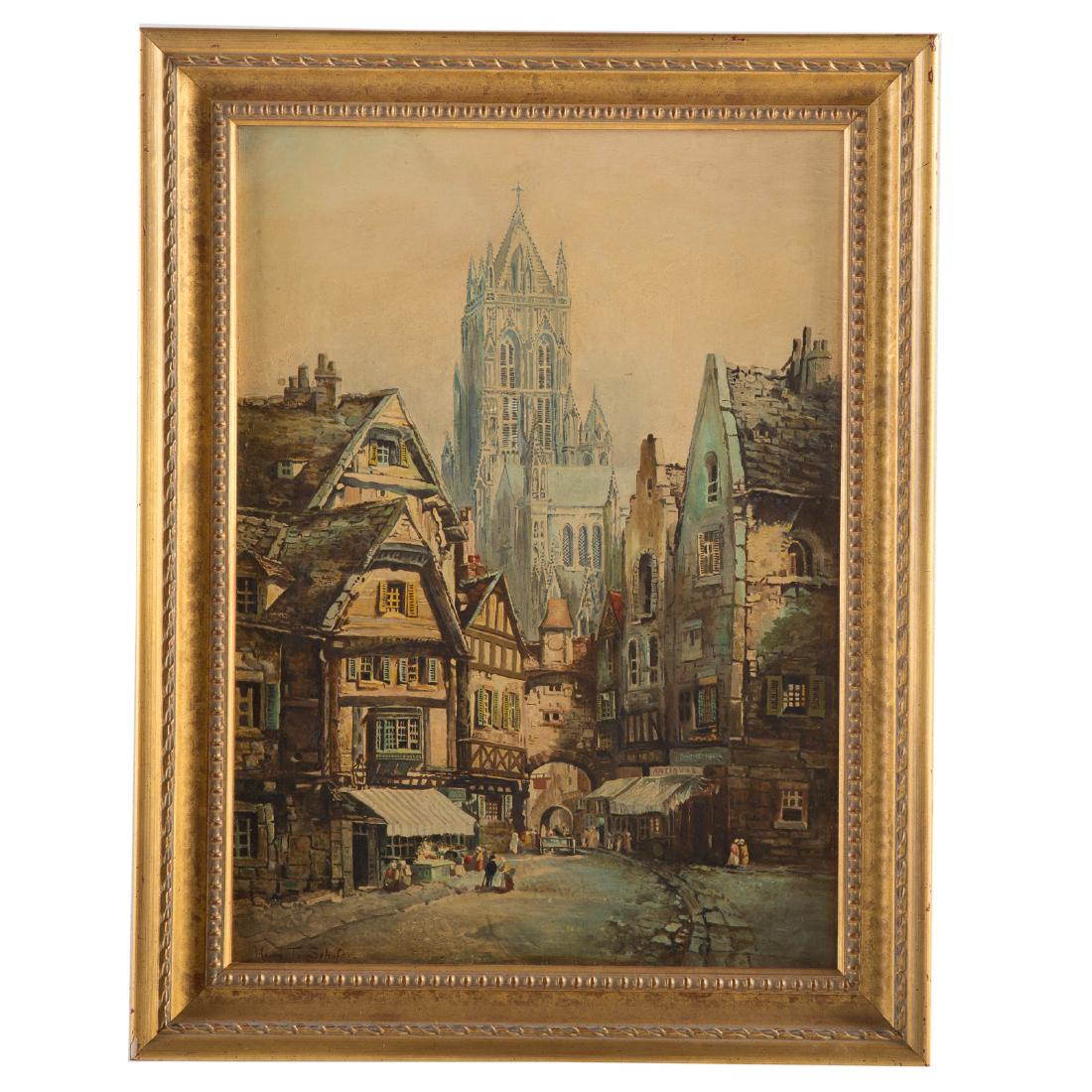 Henry T. Schafer. French Town Scene, oil on canvas: Henry Thomas Schafer (British, 1815-1873). Signed "Henry T. Schafer" ll, 20 1/4 x 14 3/4 in., framed