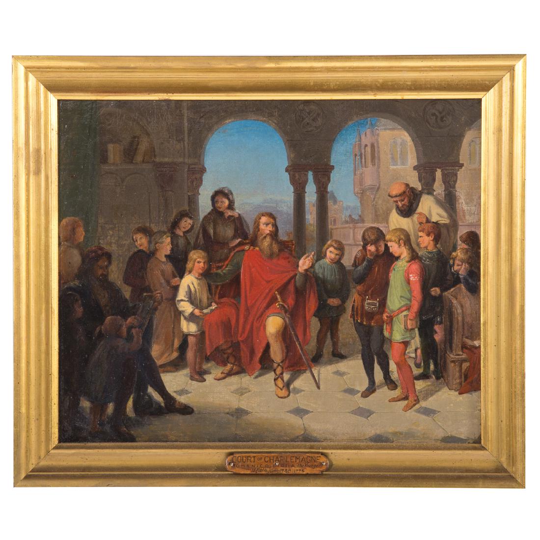 Continental School, 19th c. "Court of Charlemagne": Oil on canvas, attributed to Domenico Piola the Younger (Italian, 1718-1744) on plaque, unsigned, . 17 x 20 1/2 in., framed