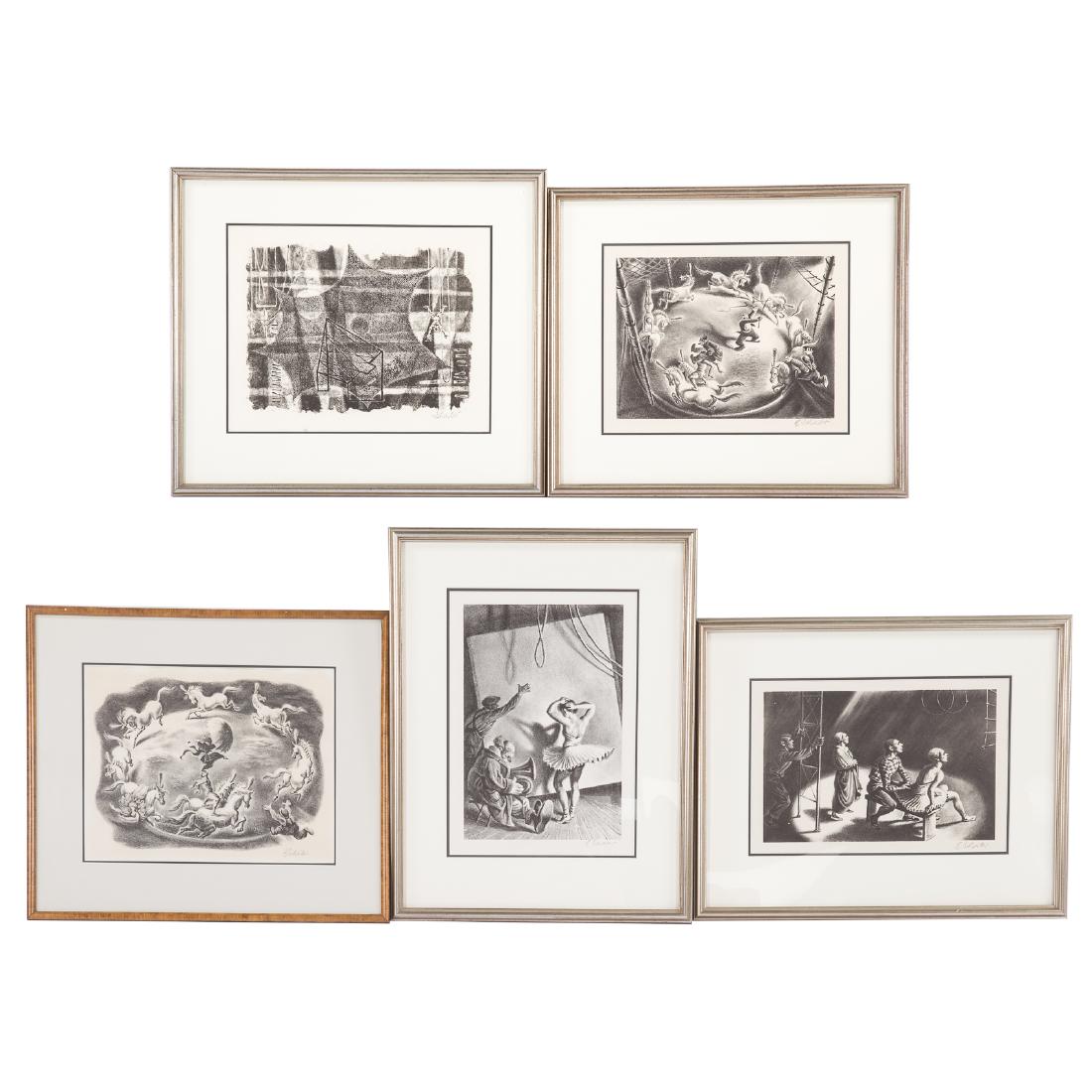 Georges Schreiber. Five Circus themed lithographs: (American, 1866-1943). 1.) "The Net," ed. 250, pencil signed "Schreiber" lr, 10 1/4 x 13 3/4 in. 2.) "Three Clowns," pencil signed "G. Schreiber" lr, 9 3/4 x 13 1/4 in. 3.) "Circular Motion," pencil s
