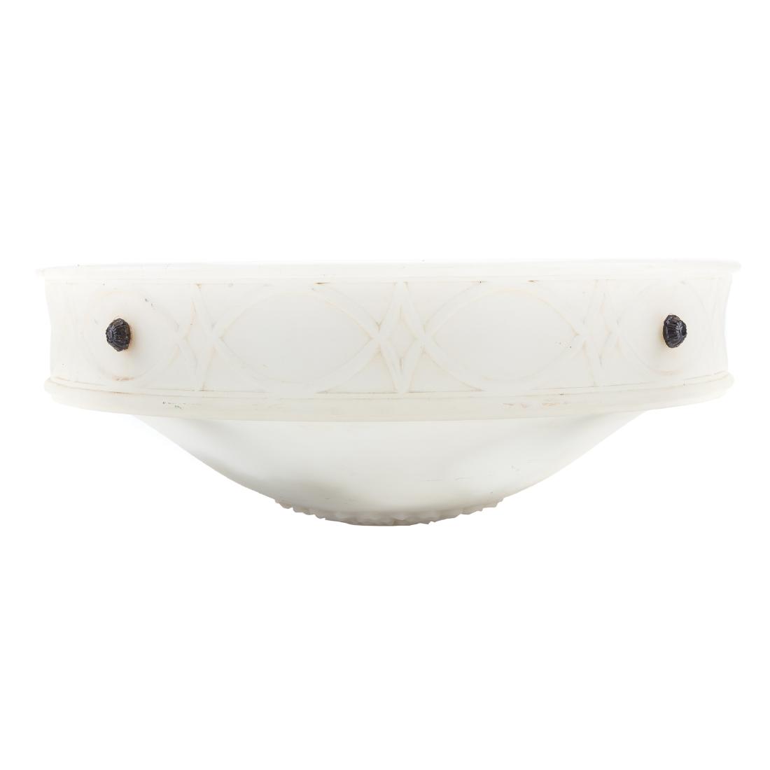 Art Deco molded glass hanging light fixture: circa 1930; signed Ripley Alabaster, four lights, 21 in. Diam., opaque molded glass, geometric rim, molded flower base, 8 in. H.