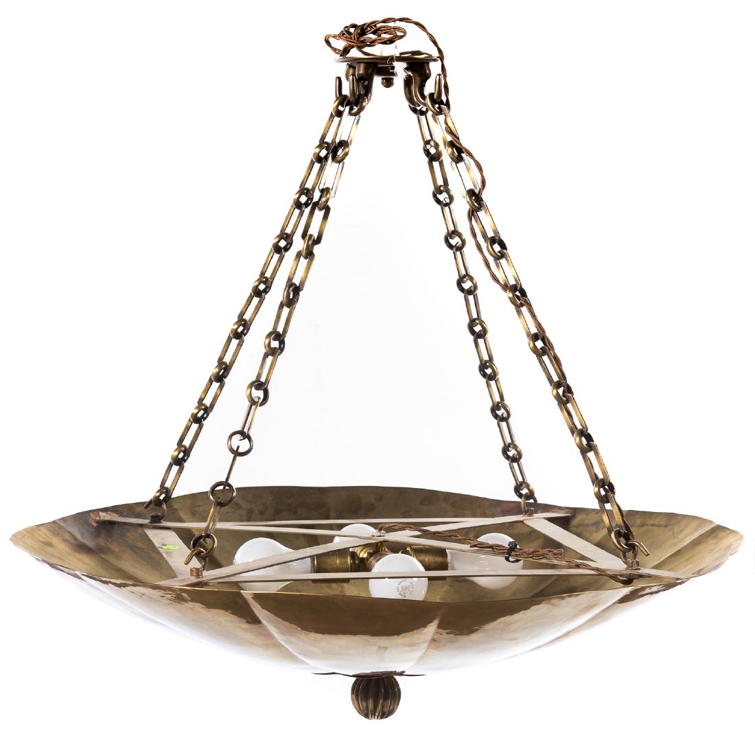 Art Deco style brass hanging light fixture: 20th century; 30 in. Diam. floral-shaped brass plate with reeded ball final, four interior lights, with chain supports hanging from brass canape, 30 in. H.