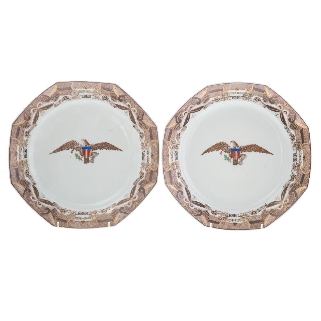 Pair Chinese Export Brown Fitzhugh style plates: Brown Fitzhugh border, with Great Seal of the United States in center, 9 1/2 in. Diam.